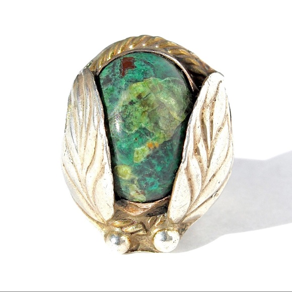 Vintage Green Chrysocolla Sterling Silver Leaf Statement Ring Size 5.5 Mexican - Picture 2 of 8